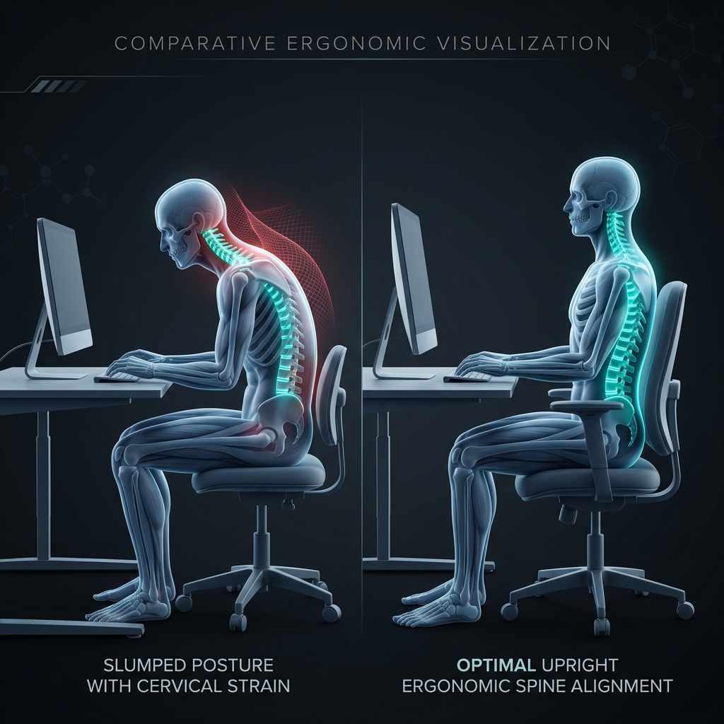 Comparative Ergonomic Visualization: Slumped Posture with Cervical Strain vs Optimal Upright Spine Alignment